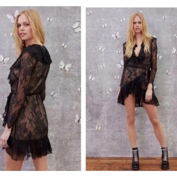 NWT For Love & Lemons Daphne Lace Wrap Mini Dress Black Nude Sheer Ruffle M - Picture 7 of 9